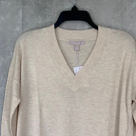 CHELSEA28 Beige Oatmeal Light Heather V-Neck Pullover Sweater SZ XXS - Picture 3 of 9